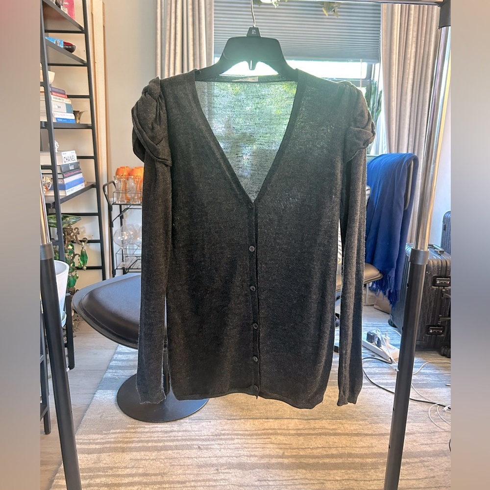 Charcoal Gray Prada Shoulder Knot Detail V-neck Button Down Cardigan